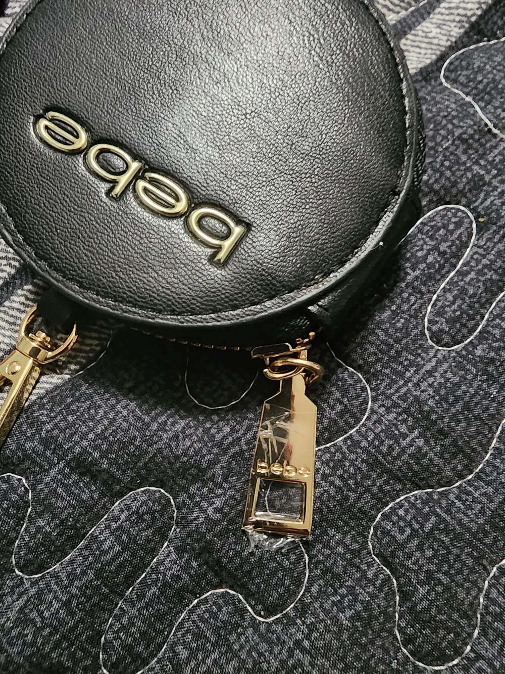 bebe Black Round Coin Pouch with Gold Logo